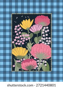 Cartaz rústico decorativo com um fundo de verificação de gingham, elementos florais escuros e um quadro estilo ponto cruz inspirado no bordado de mão