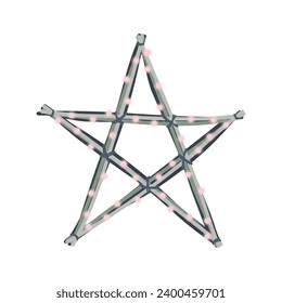 Decorative rustic star with bulbs garland for Christmas and New Year. Craft decoration, branches and sticks design. Element for holiday interior decor. Hand drawn vector illustration.

