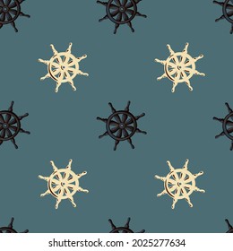 Decorativo patrón marinero sin fisuras con adorno de rueda beige y negro. Fondo pálido azul marino. Diseñado para el diseño de tejidos, impresión textil, envoltura, cubierta. Ilustración vectorial.