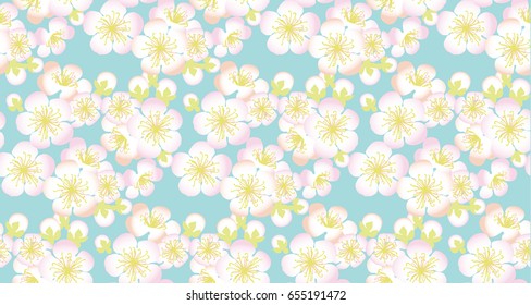 decorative sakura branch. floral seamless pattern in summer tender colors. Repeatable motif for surface design, background, card, header, web and print projects.