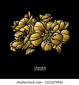 Decorative sakura flowers, design elements. Can be used for cards, invitations, banners, posters, print design. Golden flowers