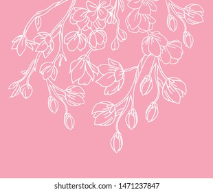 Decorative sakura flowers set, design elements. Can be used for cards, invitations, banners, posters, print design. Floral background in line art style