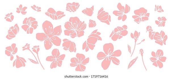 Decorative sakura flowers set. Spring ink collection. Can use for logo, birthday party invitation, greeting card, banner, print design.