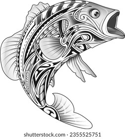 Decorative salmon fish tattoo with traditional Polynesian ornaments