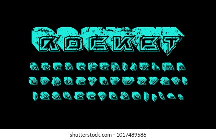 Decorative sans serif bulk font. Letters and numbers with rough texture for logo and title design. Green print on black background