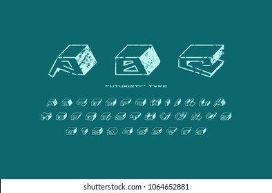Decorative sans serif bulk font in futuristic style. Letters and numbers with rough texture for logo and title design. Blue print on dark background