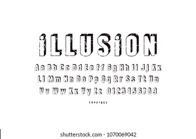 Decorative sans serif bulk font. Letters and numbers with rough texture for logo and emblem design. Black print on white background