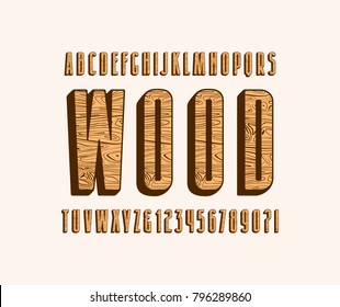 Decorative sans serif bulk font with wooden texture. Letters and numbers for logo and emblem design. Color print on light background