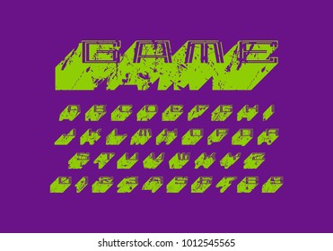 Decorative sans serif extra bulk font in digital style. Letters and numbers with rough texture for logo and title design. Green print on violet background