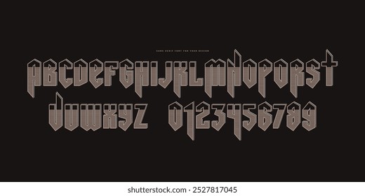 Dekorative Serifenschrift in schwarzem Buchstabenstil. Buchstaben und Zahlen für die Gestaltung von Etiketten und Emblemen. Farbdruck auf schwarzem Hintergrund