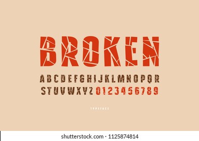 Decorative sans serif font with broken face. Letters and numbers for military, sport, retro logo and title design. Color typeface on brown background