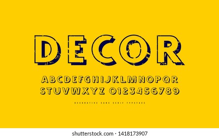 Decorative sans serif font in classic style. Bold face. Letters and numbers with rough texture for logo and label design. Blue print on yellow background