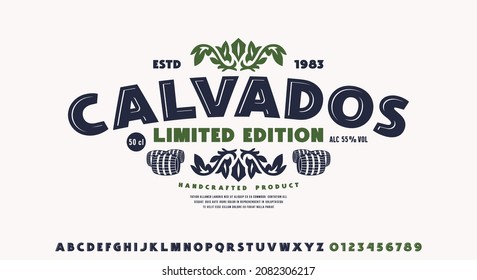 Decorative sans serif font in classic style. Calvados label template. Letters and numbers for headline and logo design. Color print on white background