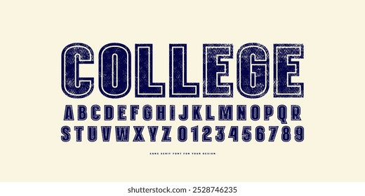 Decorative sans serif font in classic sport style. Letters and numbers with contour and rough texture for emblem design. Blue print on white background