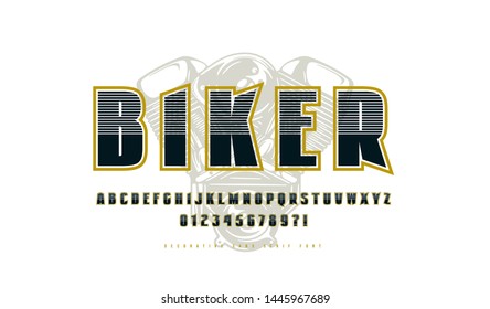 Decorative sans serif font with contour. Letters and numbers for logo and t-shirt design in sport style. Color print on white background