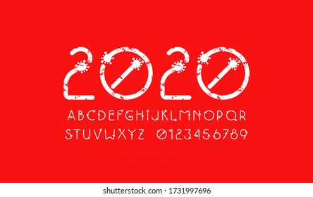 Decorative sans serif font with coronavirus silhouettes. Letters and numbers with rough texture for medical headline and emblem design