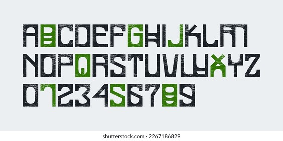 Decorative sans serif font in cyber style. Letters and numbers with rust texture for emblem and logo design. Vector illustration