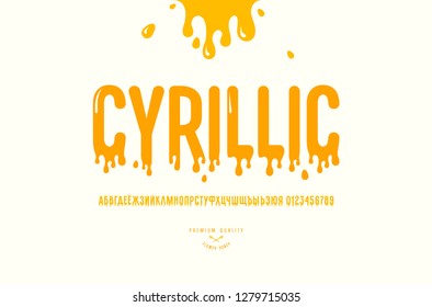 Decorative sans serif font. Cyrillic letters and numbers for honey logo and label design