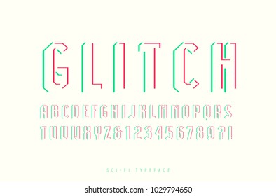 Decorative sans serif font in futuristic style. Letters and numbers for logo and title design. Color print on white background