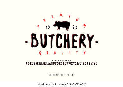 Decorative sans serif font in handwritten style and label for butchery. Color print on white background