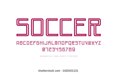 Decorative sans serif font with inner contour. Letters and numbers for logo and emblem design. Isolated on white background