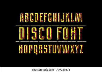 Decorative sans serif font with interweaving stripes. Letters with rough texture for logo and title design. Bright print on dark background