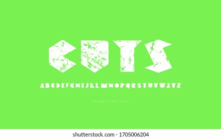 Decorative sans serif font. Letters with rough texture for logo and emblem design. White print on green background