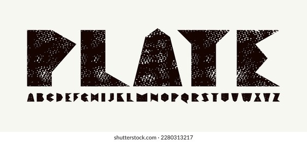 Decorative sans serif font. Letters with rough texture for logo and emblem design. Black print on white background