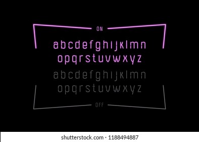 Decorative sans serif font. Lowercase letters in the form of neon lamps with on and off effect. Color print on black background