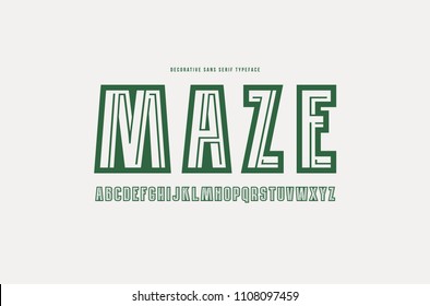 Decorative sans serif font with a maze inside. Letters for logo and title design. Green print on light background