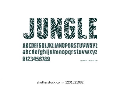 Decorative Sans Serif Font With Palm Leaf Pattern. Letters And Numbers For Summer Headlines Design.  Isolated On White Background