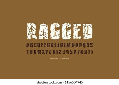 Decorative sans serif font with ragged face. Typeface in the style of handmade graphics. Letters and numbers with vintage texture for logo and emblem design