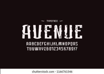 Decorative sans serif font in retro style. Letters and numbers with vintage texture for alcohol, cinema, military logo and label design. White print on black background