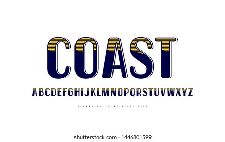 Decorative  sans serif font in retro style with rounded corners. Letters for logo and label design. Color print on white background
