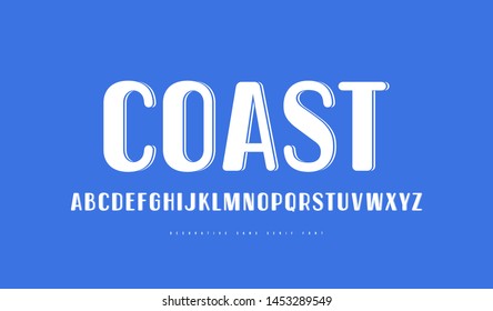 Decorative sans serif font in retro style with rounded corners. Letters for logo and label design. White print on blue background