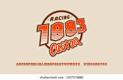 Decorative sans serif font in retro style. Emblem for sticker and t-shirt. Letters and numbers for logo and title design. Color print on brown background