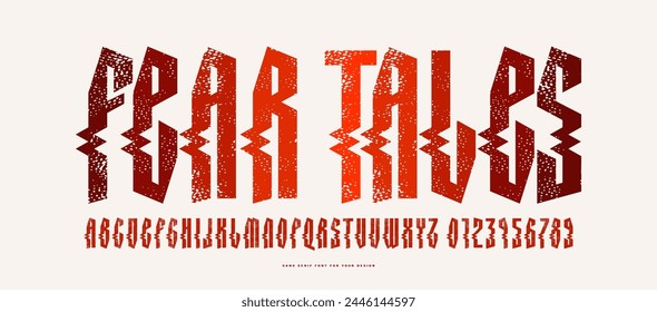 Decorative sans serif font in retro style. Letters and numbers with rust texture for label and emblem design. Color print on white background