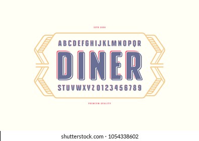 Decorative Sans Serif Font With Rounded Corners. Label Template For Diner. Letters And Numbers For Logo And Emblem Design. Color Print On White Background