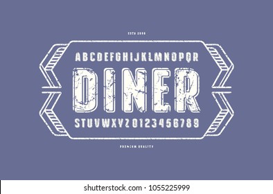 Decorative sans serif font with rounded corners. Label template for diner. Letters and numbers with rough texture for logo and emblem design. White print on violet background