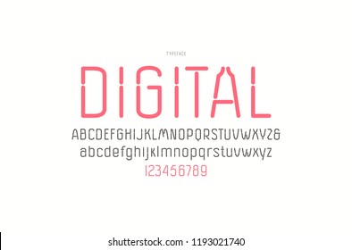 Decorative sans serif font with rounded corners. Letters and numbers for logo and headline design. Color print on white background