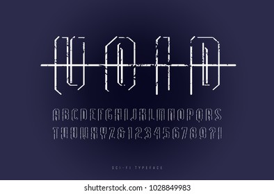 Decorative sans serif font in space style. Letters and numbers with rough texture for logo and title design. Print on dark background