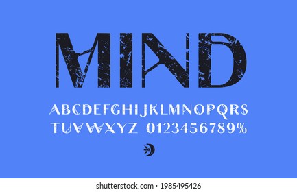 Decorative sans serif font in spiritualism style. Letters and numbers with vintage texture for logo and headline design