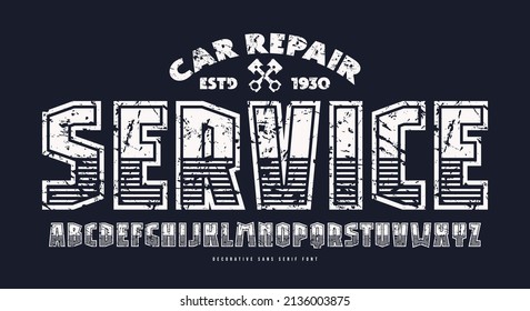 Decorative sans serif font with striped decor. Letters with vintage texture for logo and t-shirt design. Vector illustration. White print on black background