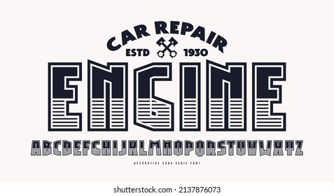 Decorative sans serif font with striped decor. Letters for logo and t-shirt design. Vector illustration. Black print on white background