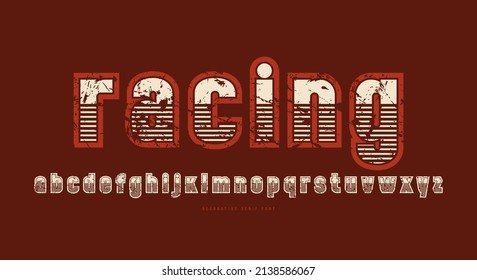Decorative sans serif font with striped decor. Lowercase letters with vintage texture for logo and t-shirt design. Vector illustration. Color print on brown background