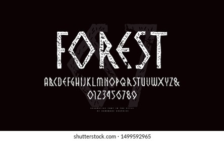 Decorative sans serif font in the style of handmade graphics. Letters and numbers with vintage texture for logo and emblem design. Print on black background