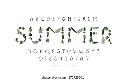Decorative sans serif font with tropical plant silhouettes. Letters and numbers for summer and travel headlines design.  Isolated on white background