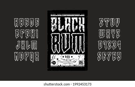 Decorative sans serif font in viking style. Hollow letters and numbers with vintage texture for logo and label design. White print on black background