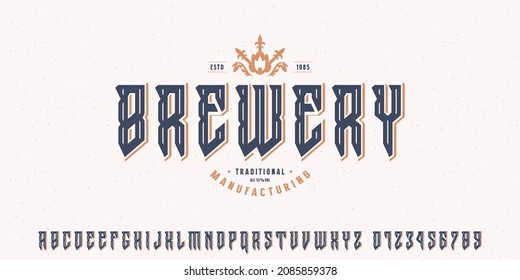 Decorative sans serif font in viking style. Letters and numbers for logo and label design. Vector illustration