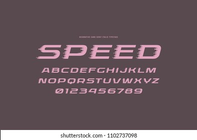 Decorative sans serif italic font in racing style. Letters and numbers for logo and title design